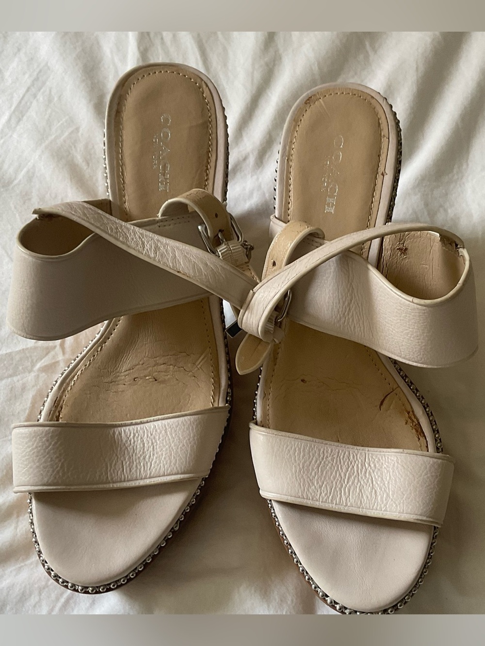 Coach Cream Leather Cross-Strap Sandals with Studded Trim